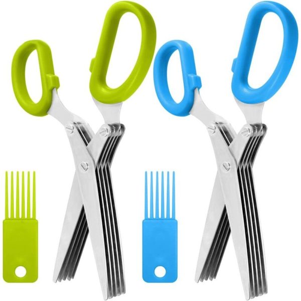 2 Packs Stainless Steel Herb Scissors, Multi-purpose Kitchen Shear with 5 Blades and Cleaning Brush, Ergonomic Design Heavy Duty Durable Culinary