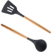 2 Pcs Kitchen Cooking Utensils Set, Wooden Handle Non-stick Silicone Kitchen Gadgets Utensil Set (Grey) Soup spoon + shovel (gray)