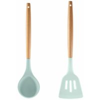 2 Pcs Non-Toxic BPA-Free Wooden Handle Kitchen Gadgets Non-Stick Cookware Set Soup Spoon + Shovel (Green)