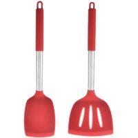 2-Piece Kitchen Utensils, Safe Food-Grade Silicone Heads and Stainless Steel Handles, Red Red dense shovel + red big leaky shovel