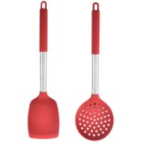 2-Piece Kitchen Utensils, Safe Food-Grade Silicone Heads and Stainless Steel Handles, Red Red dense shovel + red fishing fence