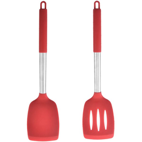 2-Piece Kitchen Utensils, Safe Food-Grade Silicone Heads and Stainless Steel Handles, Red Red dense shovel + red leaky shovel
