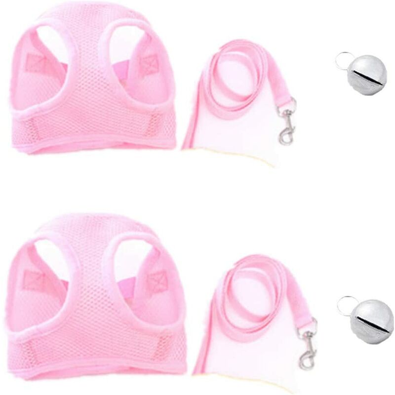 2-Piece Pet Harness Vest Mesh Leash with Breathable Bell for Guinea Pig Rabbits (Size s: Chest: 26-32cm/10.23-12.59, Pink)