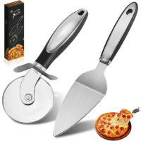 2 Piece Pizza Roller & Pizza Shovel Set, Stainless Steel With Non-Slip Handle