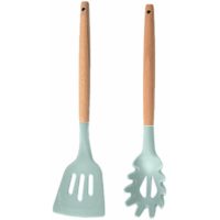 2 Pieces Non-Stick Silicone Cooking Utensils Kitchen Gadgets Non-Stick Cookware Tools Leaking Shovel + Dust Handle (Teal)