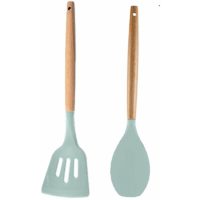 2 Pieces Non-Stick Silicone Cooking Utensils Kitchen Gadgets Non-Stick Cookware Tools Leaking Shovel + Spatula (Teal)
