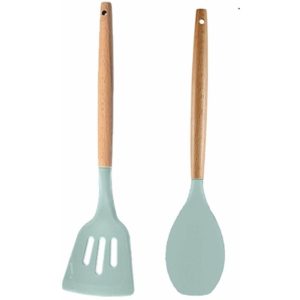 2 Pieces Non-Stick Silicone Cooking Utensils Kitchen Gadgets Non-Stick Cookware Tools Leaking Shovel + Spatula (Teal)