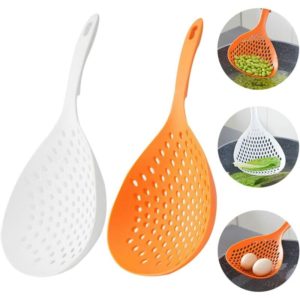 2 Pieces Strainer Scoop Colander Slotted Pasta Spoon Plastic Skimmer Spoon with Handle Food Drain Shovel for Kitchen Cooking, White and Orange