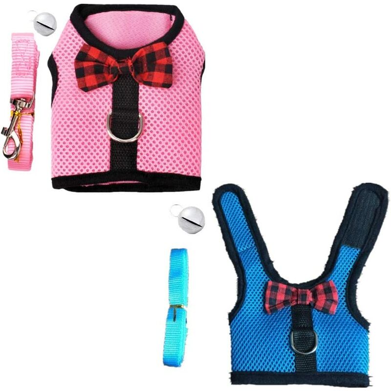 2 Sets Breathable Mesh Net Harness with Bell for Small Animals Rabbits Guinea Pigs Cats (M: Chest: 30-34cm/11.81-13.28", 1 Pink, 1 Blue)