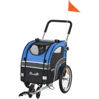 2-in-1 Dog Bike Trailer Pet Stroller Carrier Reflector Flag 130x58x94cm - Blue - Pawhut
