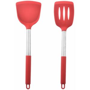 2-piece kitchen utensils set, silicone kitchen utensils, stainless steel handle, for baking, Chinese red red shovel + red leaky shovel