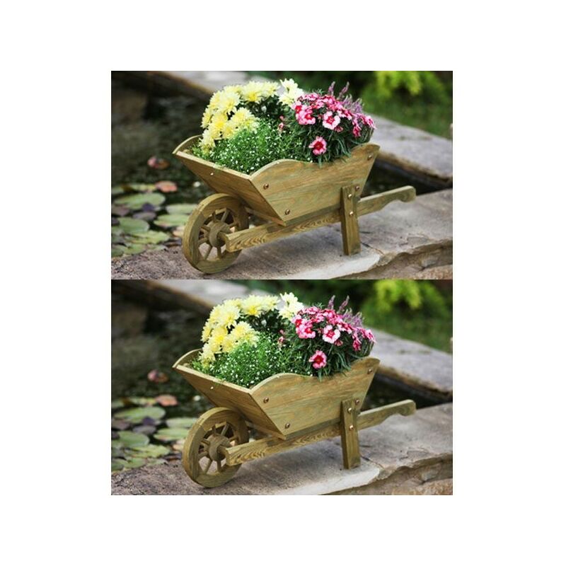 2 x Smart Garden Wooden Wheelbarrow Flower Planter Tan Ornament 5020030