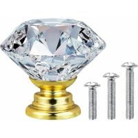 20 x Knob - Cabinet Furniture Drawer Handle Door Handle - Clear Crystal Diamond + Gold Base - 30mm