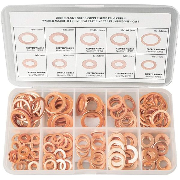 200 sets of solid copper gaskets, 9 sorting sets of metric size copper gaskets, solid copper waste oil plugs and packing box