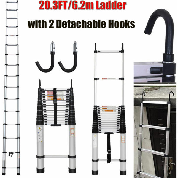 20FT Telescoping Ladder Extension Collapsible Detachable Hook Ladders 15 Steps