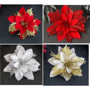 20PCS Christmas Decoration Flowers Gold, Silver and Red Triple Plastic Flowers Sprinkle Powder Three-Dimensional Christmas Flowers c