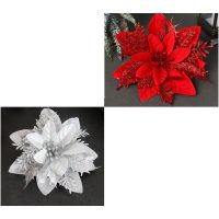 20PCS Christmas decoration flowers gold, silver and red plastic triple flowers sprinkled with powder three-dimensional Christmas flowers b