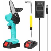 21V 4 Inch Rechargeable Lithium Battery Electric Pruning Saws Small Wood Splitting Chainsaw Brush Motor One-handed Woodworking Power Tool (Green)