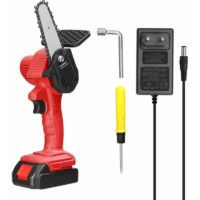 21V 4 Inch Rechargeable Lithium Battery Electric Pruning Saws Small Wood Splitting Chainsaw Brush Motor One-handed Woodworking Power Tool (Red with 1