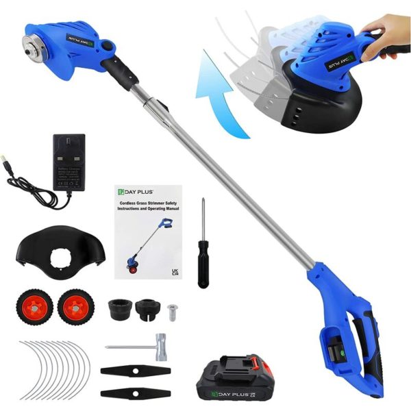 21V Grass Trimmer Electric Cordless Strimmer, Lawn Mower, Pruning Cutter Garden Tools, Battery & Charger, Head pivots for Garden Clearing Weeds