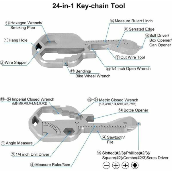 24 Function Multi Tool Wrench Stainless Steel Multi Tool Wrench with Screwdriver Wire Stripper Wire Cutter Bottle Opener Gauge