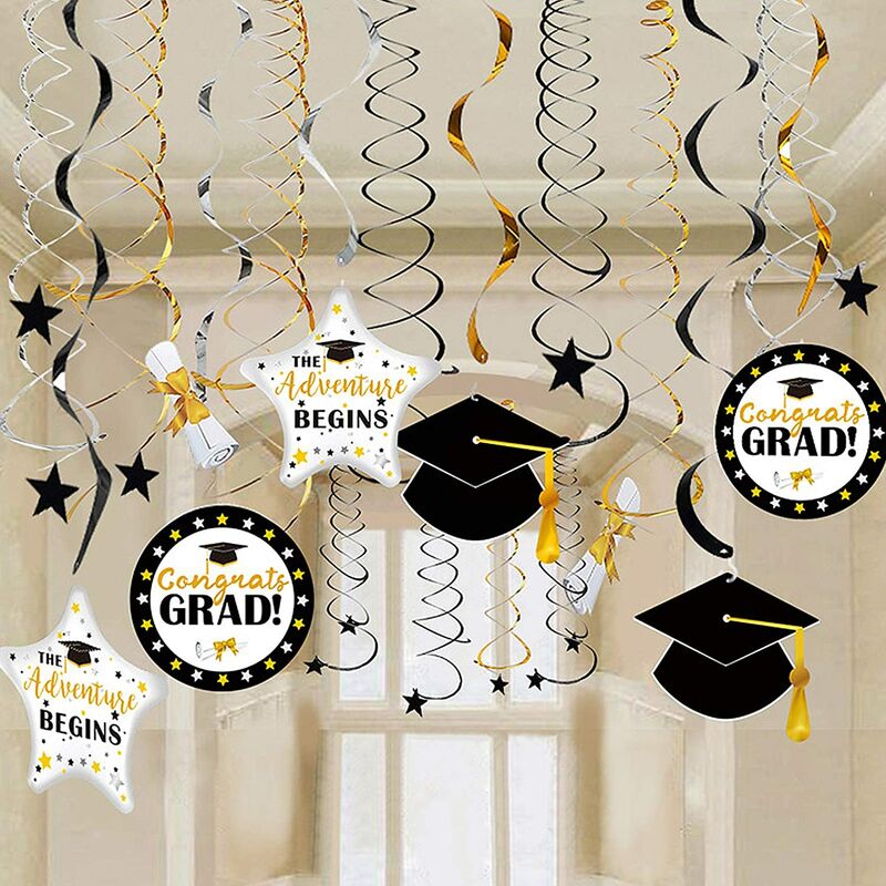 24 Graduation Party Supplies, Hanging Swirl Decoration Kit, Congratulations on Graduation Gold, Silver and Black Graduation Decorations