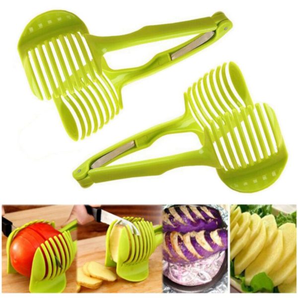 2PCS Best Utensils Tomato Slicer Lemon Cutter Multi-Purpose Handheld Round Plastic Fruit Tongs Onion Holder Easy Slice Kiwi Fruit Vegetable Tools