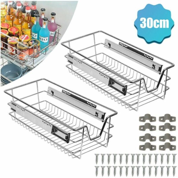 2X Kitchen Drawer Unit Pull-Out Basket Telescopic Drawer Pre-Assembled Chrome Silver 30CM