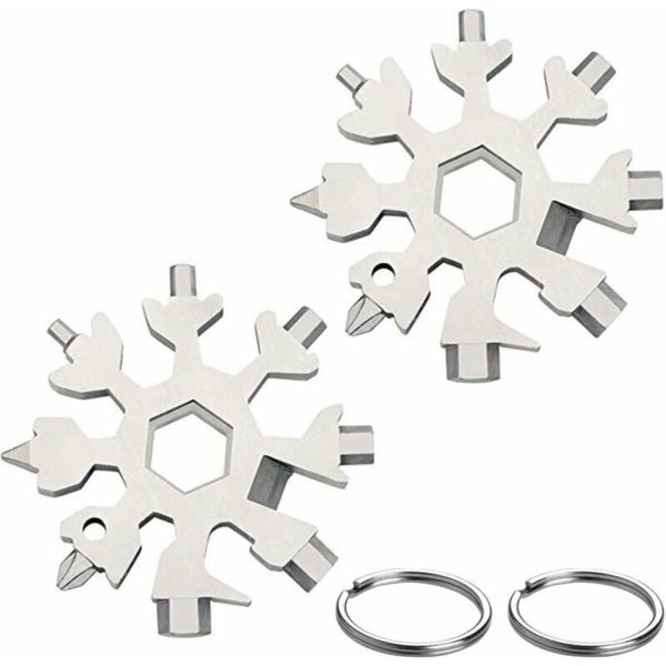 2pc 18 in 1 Snowflake Multi-Tool, Mini Portable Stainless Steel Multi-Tool with Keychain for Outdoor Travel Daily Tool, Men's Christmas Gift (Silver)