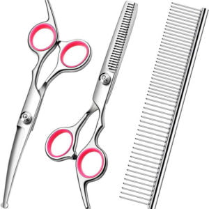 3 Pack Dog Grooming Scissors with Safety Round Tip, Perfect Stainless Steel Up-Curved Grooming Scissors Thinning Cutting Shears with Pet Grooming