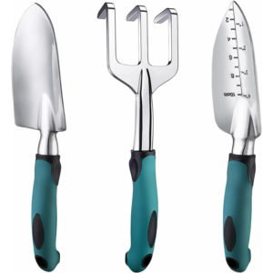 3 Pcs Aluminum Gardening Tools Includes Shovel and Rake Garden Tools with Non-Slip Rubber Handle Dark Green