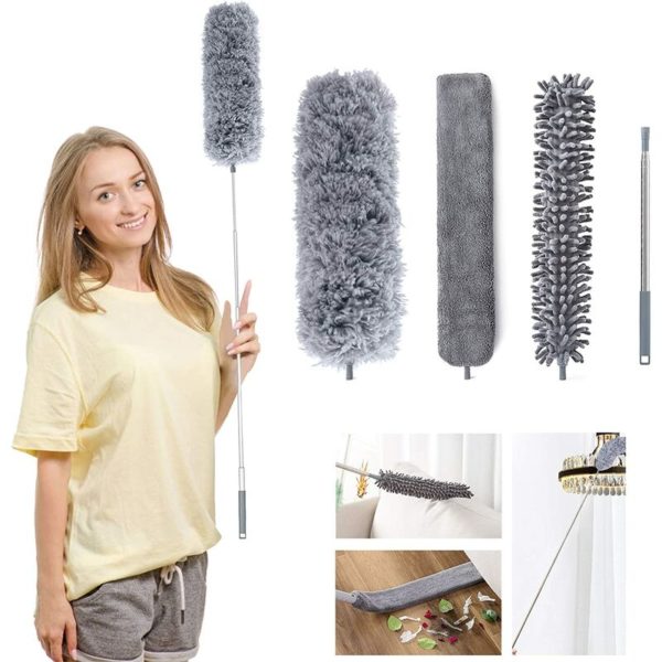 3-Piece Telescoping Duster, 100 Inch Extra Long Microfiber Duster with Stainless Steel Handle, Cobweb Duster, Washable Cobweb Dust Removal Duster