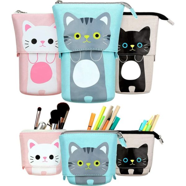 3 Pieces Transformer Stand Shop Pencil Holder Canvas pu Cartoon Cute Animals Telescopic Pencil Organizer Cosmetic Pouch Makeup Bag Stationery Pen