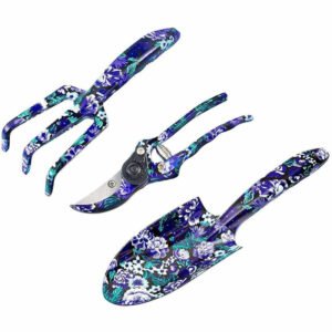 3 Pieces Women's Gardening Tools with Purple Print Includes Pruners Rakes Shovels for Gardening Gift