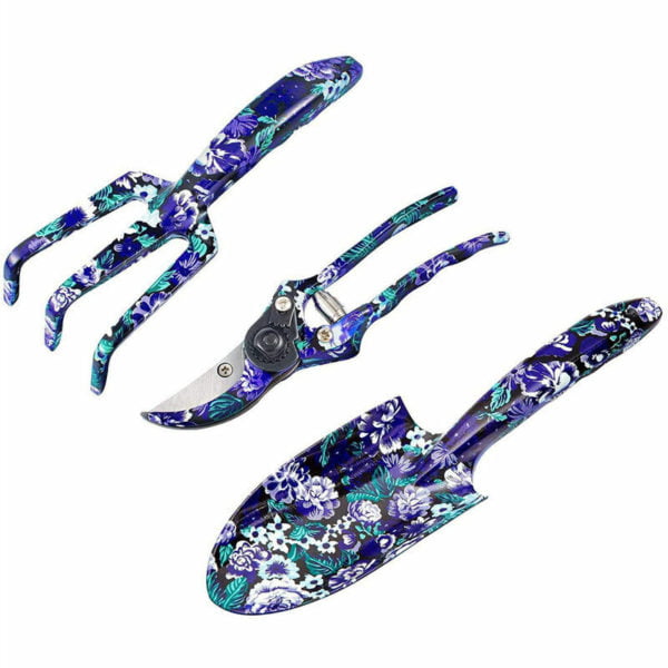 3 Pieces Women's Gardening Tools with Purple Print Includes Pruners Rakes Shovels for Gardening Gift