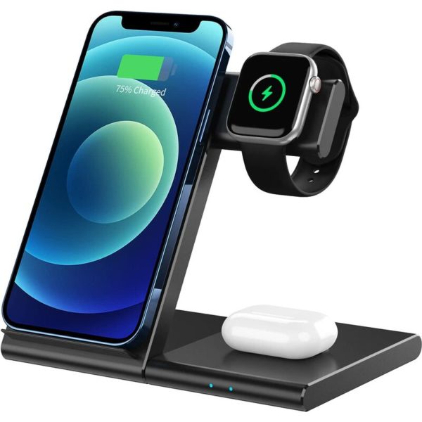 3 in 1 Qi Certified Inductive Wireless Charger for Apple Watch 6/SE/5/4/3/2/1/Airpods Pro, iPhone 12/11 Pro Max/Se 2/XS Max/XR/8 Plus/X/Samsung