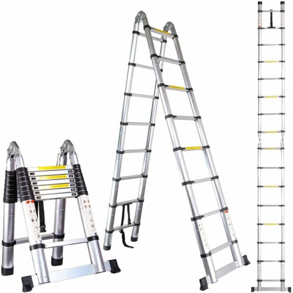 3.8M Folding Aluminum Telescopic Ladder (1.9M+1.9M), Foldable DIY Multi-Function Retractable Ladder Load 150kg, Silver