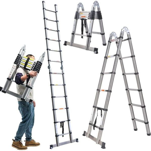 3.8M Telescopic Ladder 1.9m+1.9m A-Frame Retractable Extension Multi Purpose Household Ladder Stainless Steel Foldable Telescoping Multifunctional