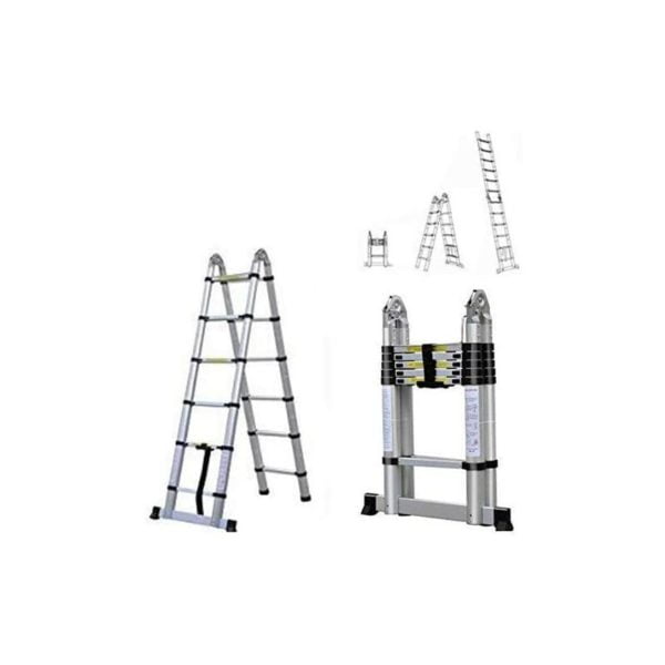 3.8M Telescopic Ladder Extension Tall Multi Purpose Folding Loft Ladder with stabilizer, 330 pound/150 kg Capacity (Silver)