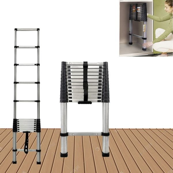 3.8M Telescopic Ladder Multi-Purpose Stainless Steel Telescoping Ladder with 13 Adjustable Steps & Locking Mechanism, EN131 Standards Portable