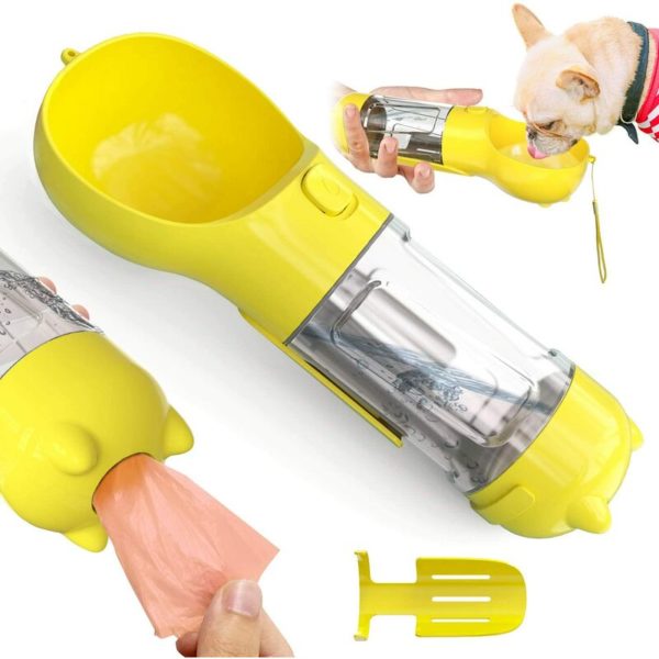 300ml Dog Water Bottle,3 in 1 Portable Dog Water Bottle with Shit Shovel and Garbage Bag,Pets Drinking Bottle for Travel,Walking (Yellow)