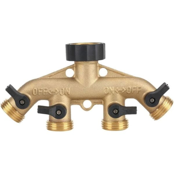 3/4 Thread Heavy Duty Brass 4 Way Garden Hose Connector Splitter Adapter Gooseneck Garden Hose Shut Off Valve Connector for Garden Lawn