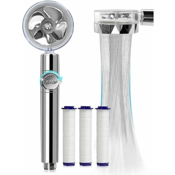 360 Degree Rotating Propeller Operated Handheld Shower Head with 3 Piece Filter (Silver)