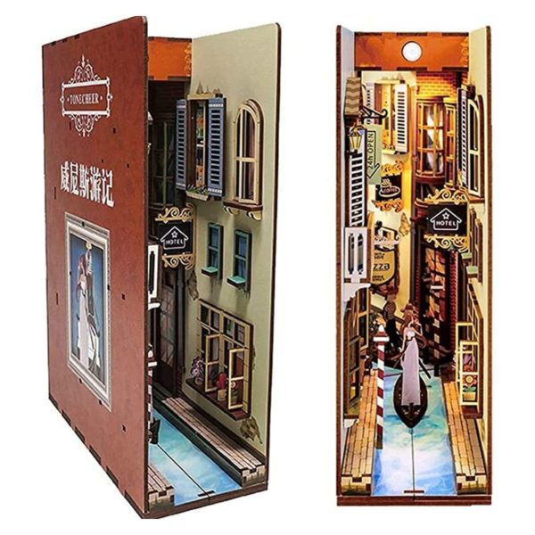 3D Puzzle Book Nook Inserts Book Nook Wooden Assembly Model Kit with Induction Light diy Wooden Bookend Alley Book Corner (Color : Venice Travel