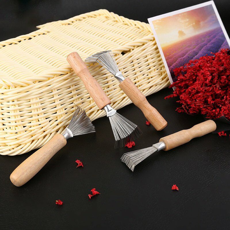 4 Cleaning Tools Hair Brush Cleaner Comb Cleaning Tool Comb Hair Brush Cleaner Mini Hair Brush for Removing Dirt with Metal Wire Rake Wooden Handle