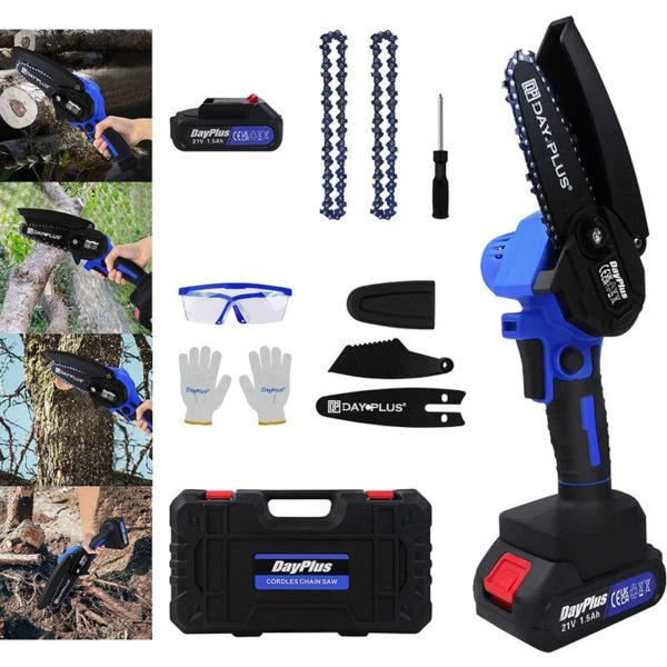 4 Inch Brushless Cordless Chainsaw with 2 x 1500mAh Li-ion Battery and Charger, Portable Electric Chainsaw Hand Chainsaw 2200 SPM