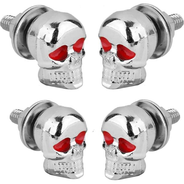 4 Pack Skull License Plate Bolts, Universal License Plate Fasteners, Screws, Caps for Car Motorcycle Chopper Tag Frame, Stainless Steel Windshield