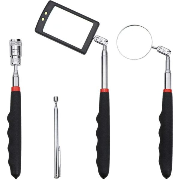 4 Piece Telescopic Magnetic Pickup Tool Set with led Pickup Pole and Square/Round Inspection Mirror, Telescopic Handle 360 Rotates for Extra