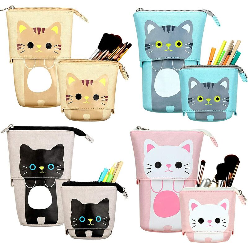 4 Pieces Telescopic Pencil Case Transformer Stand Blind Pencil Holder pu Canvas Organizer Cartoon Makeup Bag Cosmetics Stationery Pen Box with Zipper