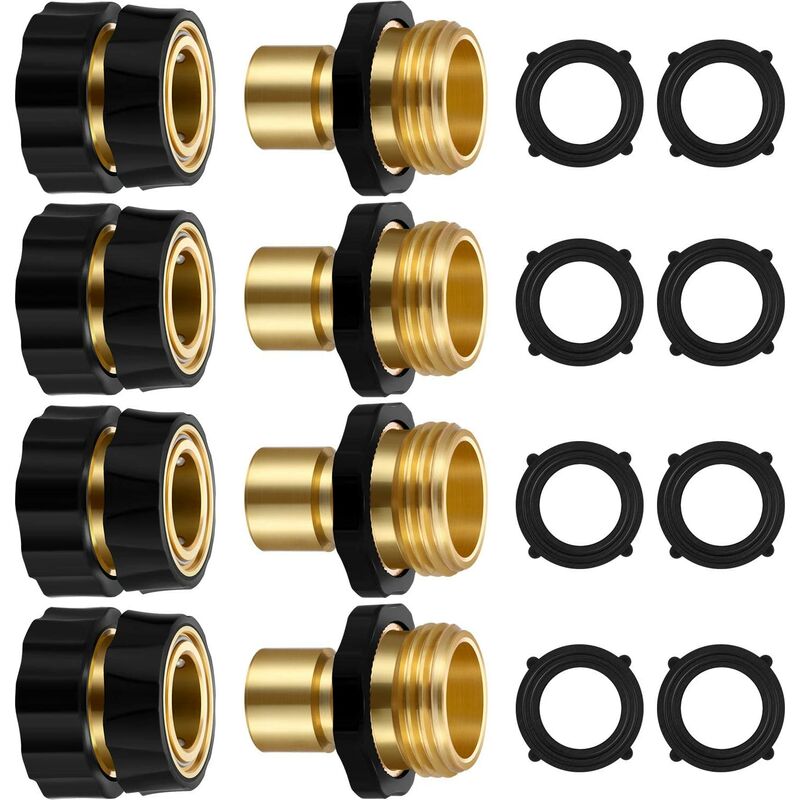 4 Sets 3/4 Inch Garden Hose Fitting Quick Connector and 12 Pieces Faucet Rubber Gasket (4 Sets)